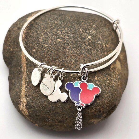 Alex And Ani Mickey Mouse Balloons Charms & Chain Detail Silver Bangle Bracelet - Picture 1 of 7